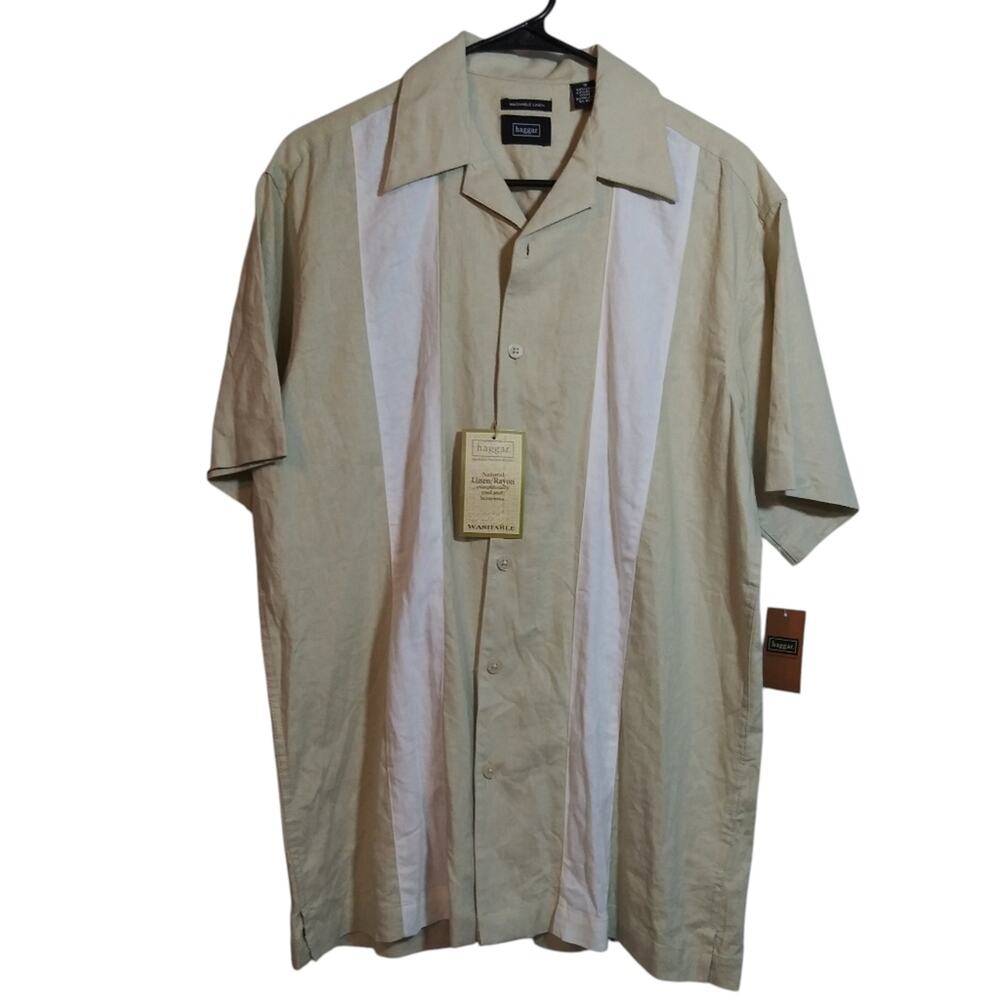 Haggar Mens 2 Tone ColorBlock Linen Button Up Bowling Camp Shirt Size M